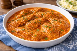 Chicken Paprikash in a white bowl on a blue tablecloth
